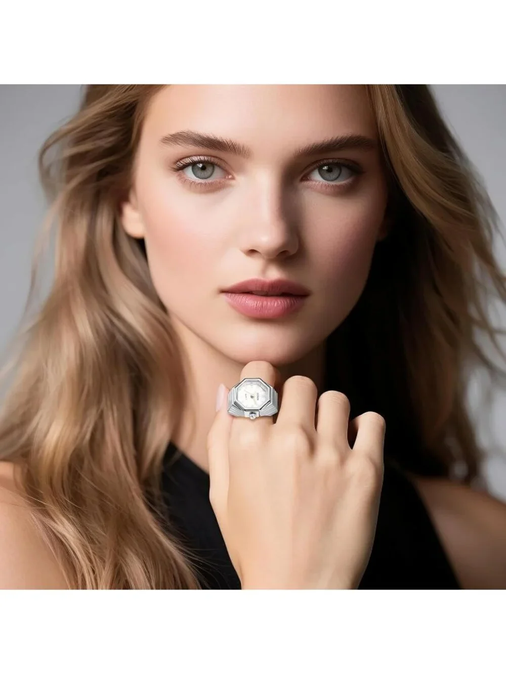 Unisex Silver Analog Quartz Stretchy Elastic Band Octagon Dial Finger Ring Watch